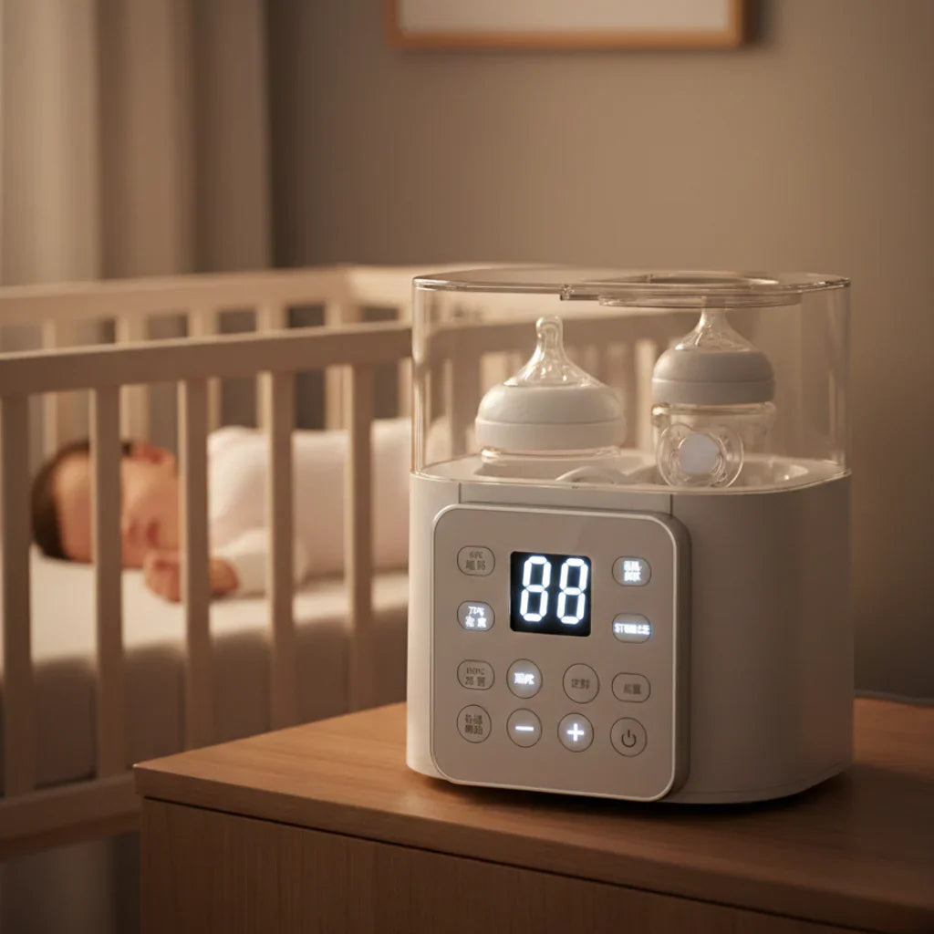 Chauffe-biberon et stérilisateur électrique avec affichage digital sur une table de nuit, bébé dormant dans son berceau en arrière-plan.