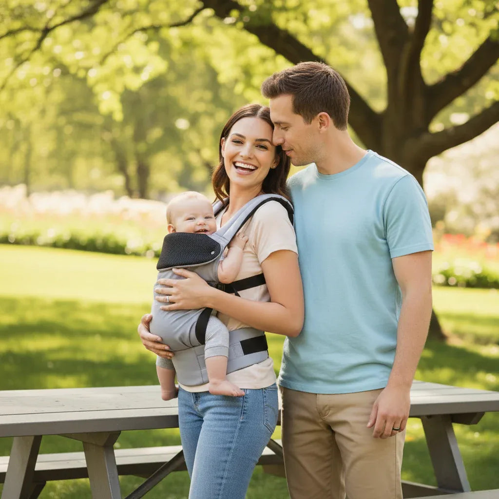 Couple souriant en extérieur utilisant un porte-bébé ergonomique gris pour une balade au parc avec leur nouveau-né.