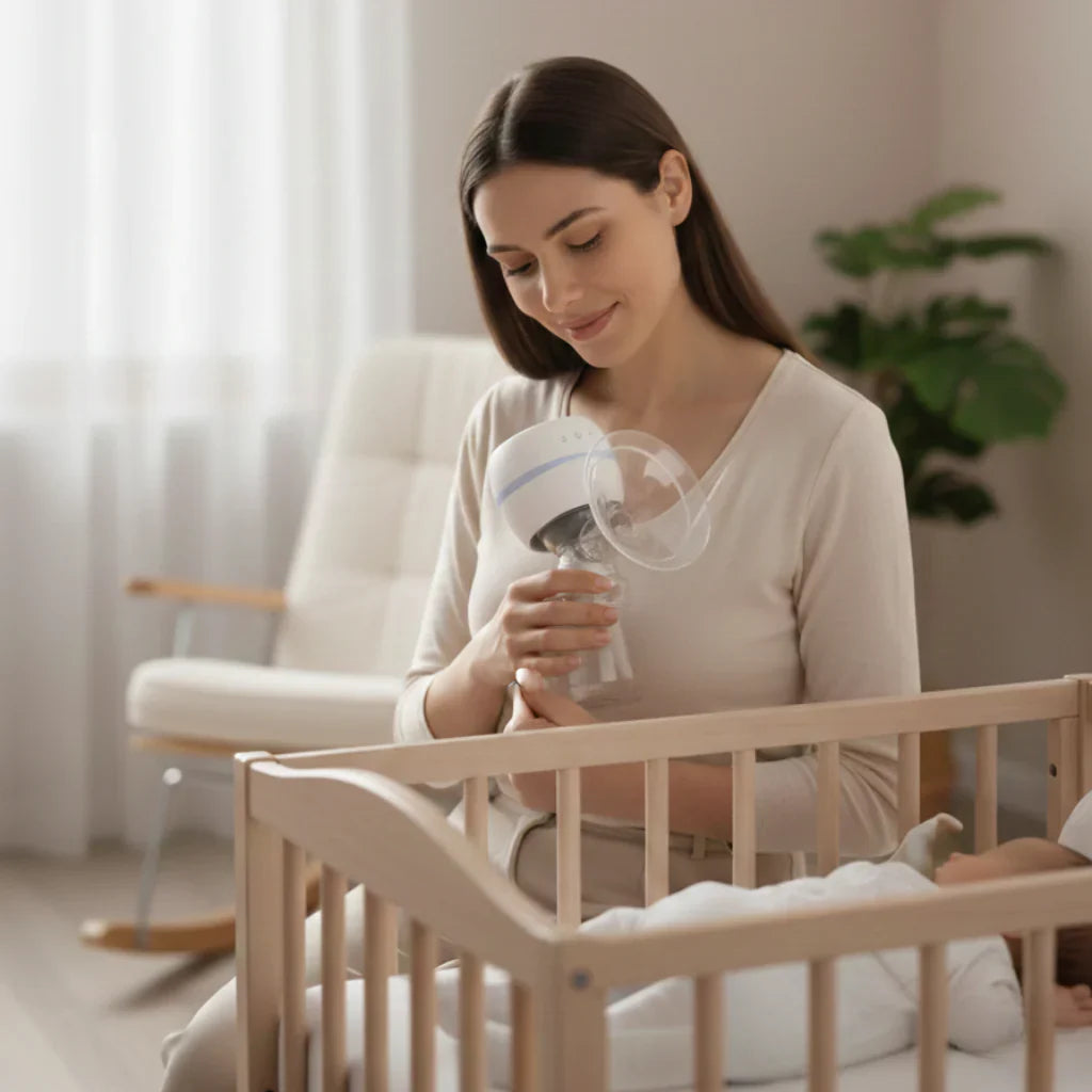 Jeune maman utilisant un tire-lait électrique portable à côté du berceau de son bébé dans une chambre lumineuse.