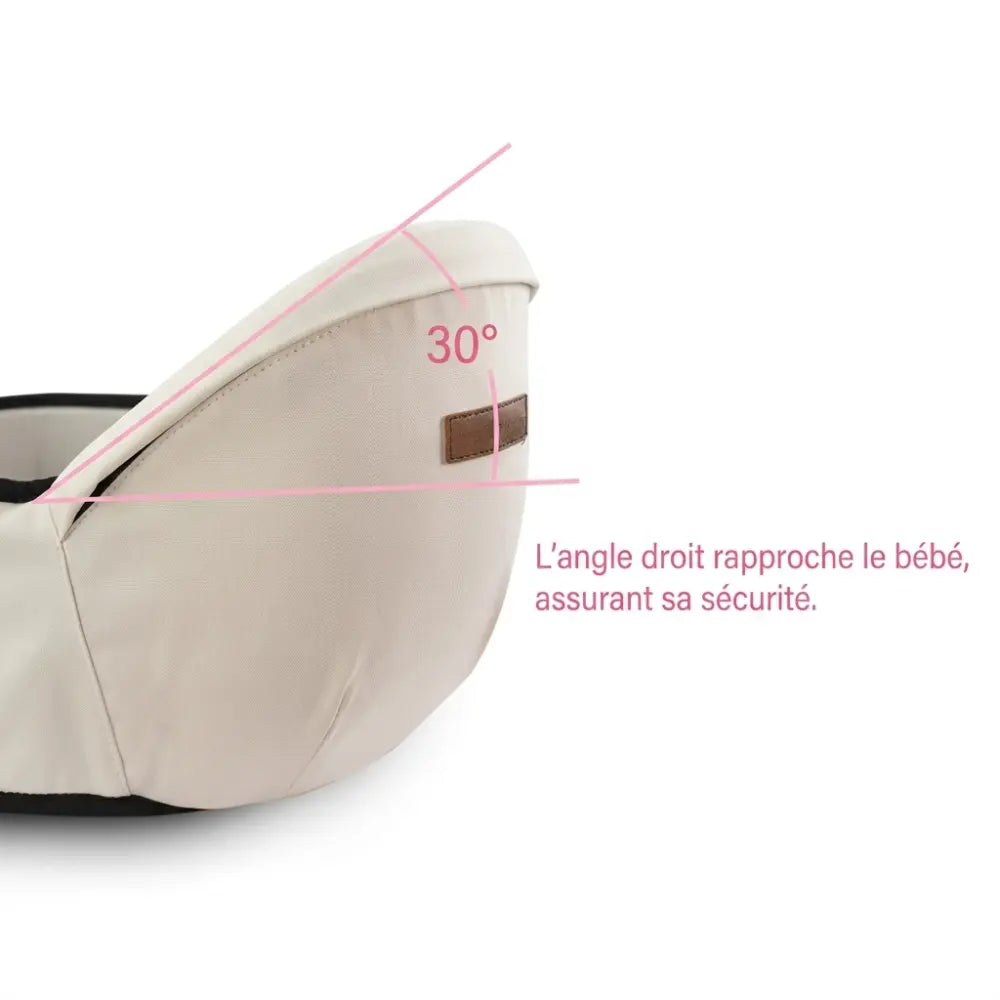Siège de hanche bébé avec inclinaison ergonomique 30 degrés assurant sécurité et proximité optimale avec le parent