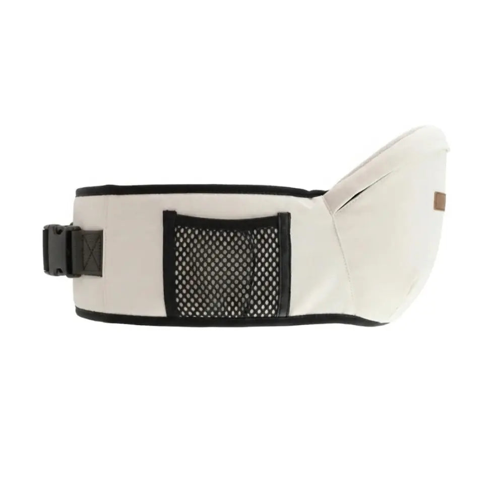 Ceinture de portage bébé ergonomique beige avec soutien lombaire et poche respirante pour confort optimal des parents