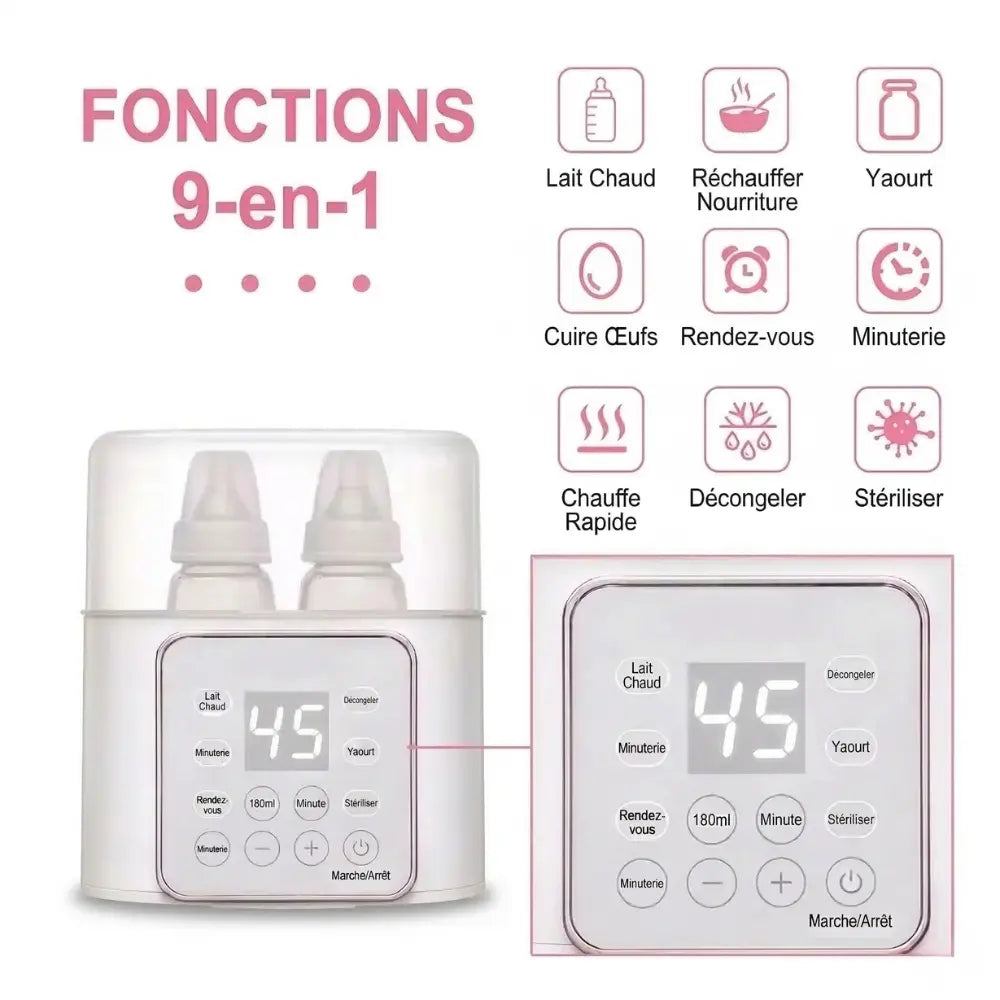Chauffe biberon bébé 9 en 1 multifonction avec stérilisation réchauffage lait décongélation et minuterie pour préparation rapide des repas bébé