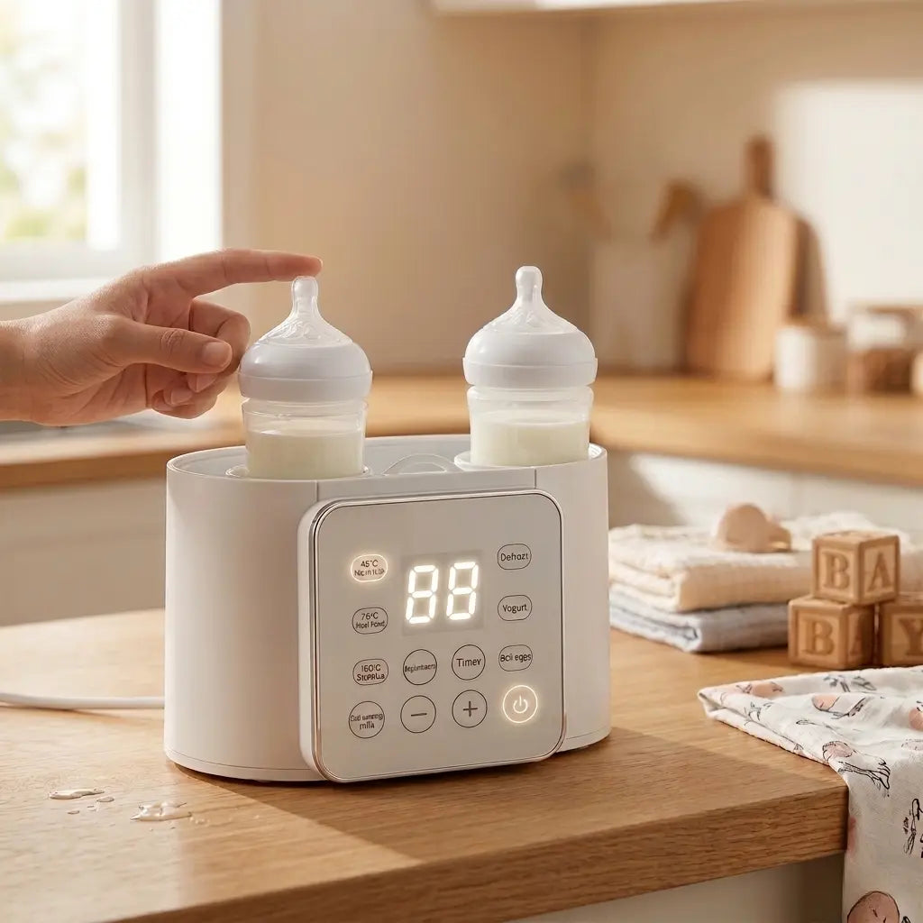 Chauffe-biberon double électrique blanc polyvalent affichant 88°C sur l'écran tactile, avec une main touchant le biberon pour la température, idéal pour jumeaux.