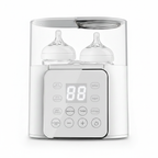 Vue de face d'un chauffe-biberon double moderne blanc avec interface tactile intuitive pour le chauffage, la décongélation et la stérilisation.