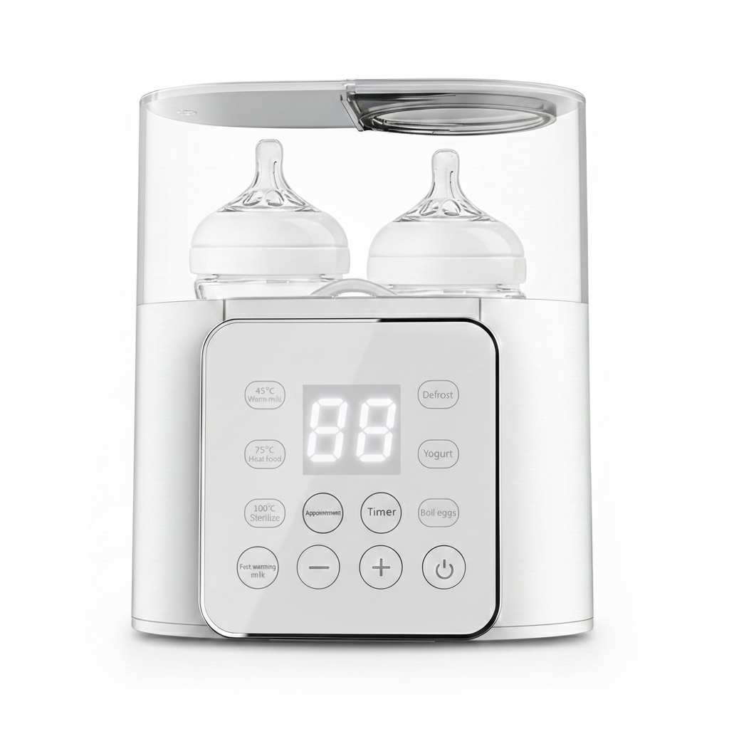 Vue de face d'un chauffe-biberon double moderne blanc avec interface tactile intuitive pour le chauffage, la décongélation et la stérilisation.
