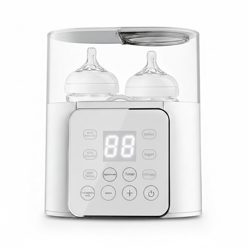 Vue de face d'un chauffe-biberon double moderne blanc avec interface tactile intuitive pour le chauffage, la décongélation et la stérilisation.