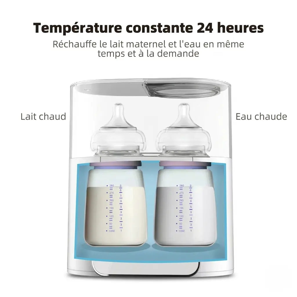 Infographie d'un chauffe-biberon double montrant deux biberons avec du lait et de l'eau maintenus à température constante pendant 24 heures pour une préparation rapide à la demande.