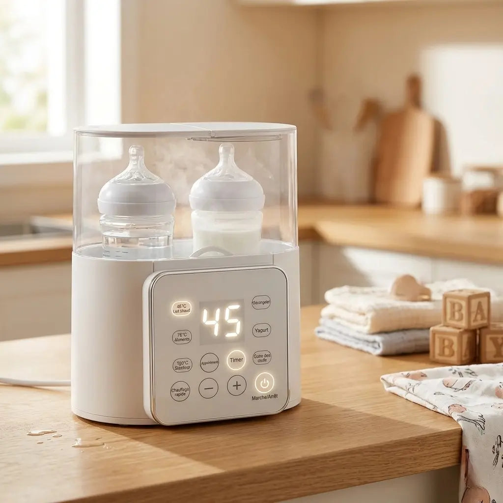 Chauffe-biberon électrique blanc compact posé sur un plan de travail de cuisine en bois, avec un écran numérique tactile indiquant 45°C et des biberons prêts pour bébé.