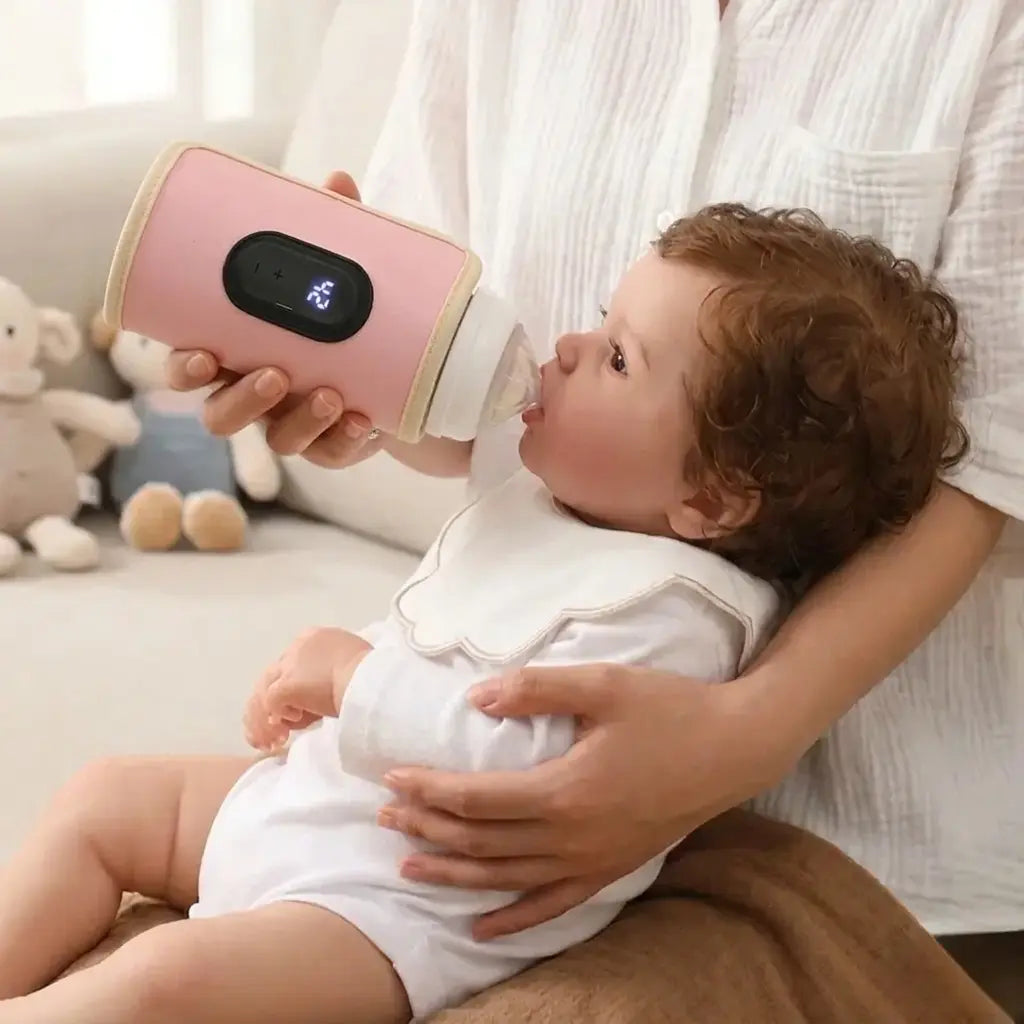Maman allaitant son bébé avec un chauffe-biberon portable numérique rose menthe affichant 42 degrés pour un lait à température idéale.