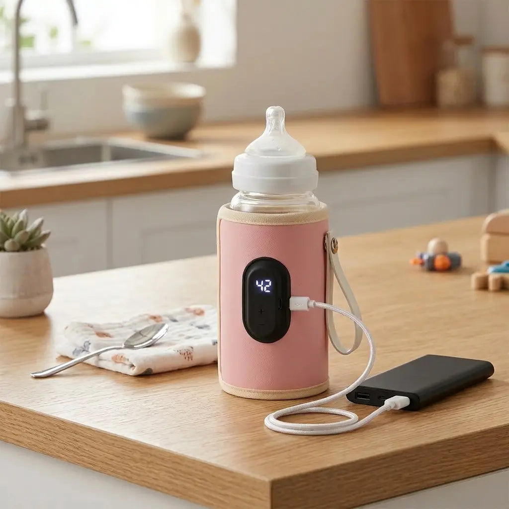 Chauffe-biberon portable USB de couleur rose avec écran digital indiquant 42°C, posé sur une table en bois dans une cuisine. Il est connecté à une batterie externe noire par un câble blanc, idéal pour les déplacements.