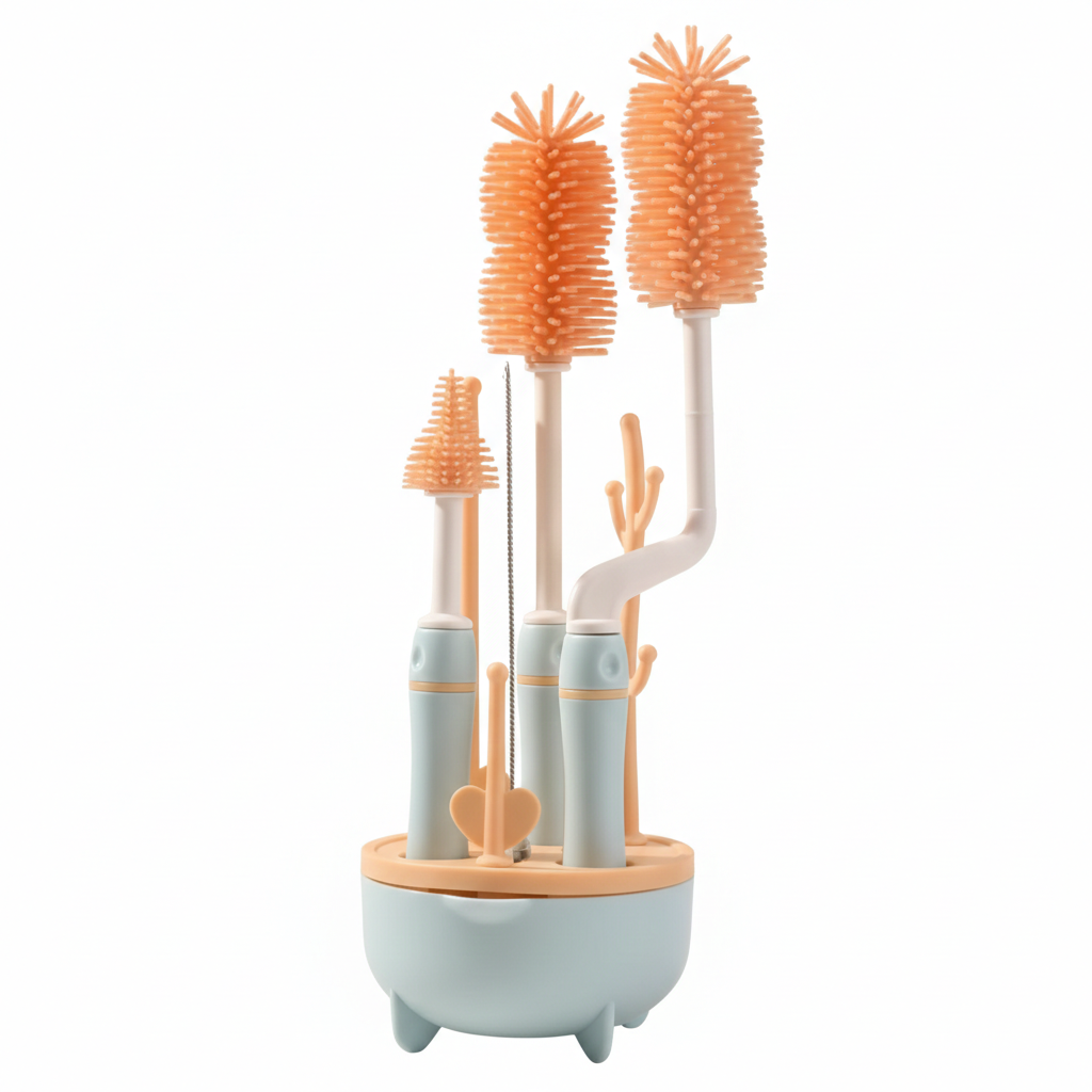 Kit de brosses silicone nettoyage biberon bébé avec support de rangement couleur bleu pastel