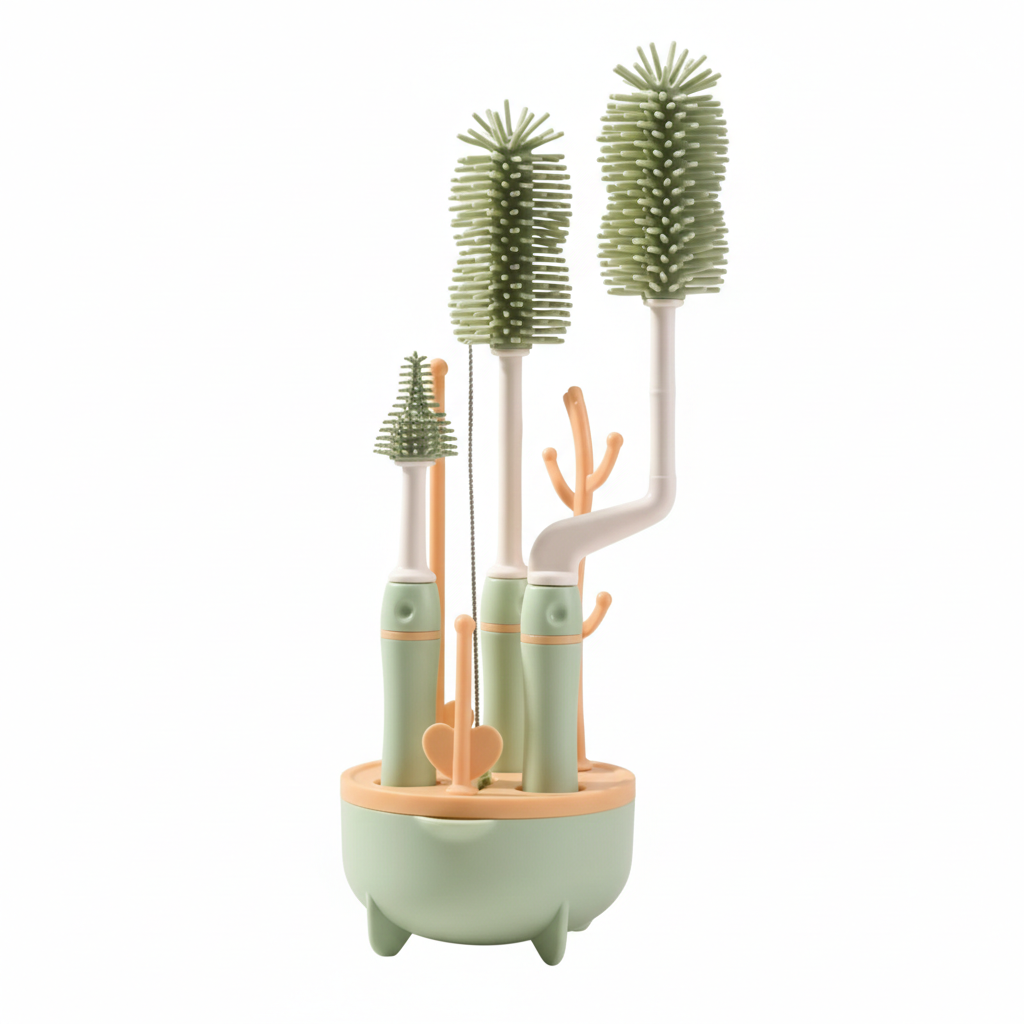 Kit de nettoyage biberon bébé en silicone avec support de rangement vert pour biberons tétines et pailles