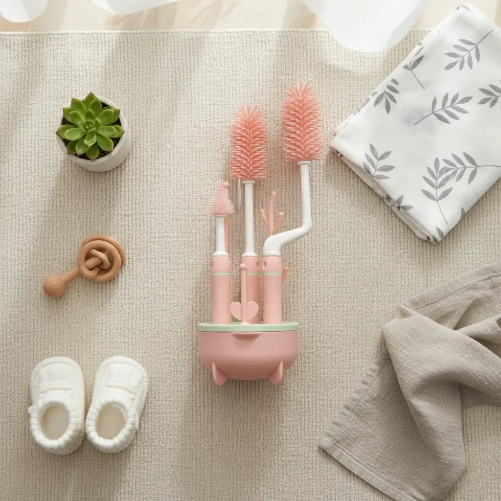 Kit de brosses de nettoyage pour biberon bébé avec support silicone et accessoires disposés dans un univers bébé