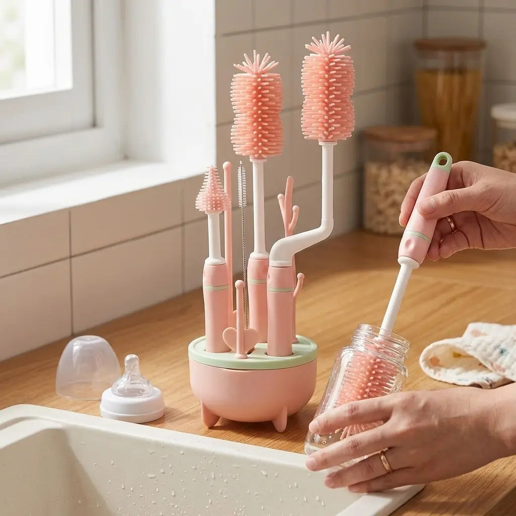 Kit complet de brosses de nettoyage pour biberons en silicone rose de qualité alimentaire, avec support de séchage intégré, goupillons de différentes tailles et une brosse fine pour paille. Idéal pour un nettoyage hygiénique et en profondeur des accessoires de bébé.