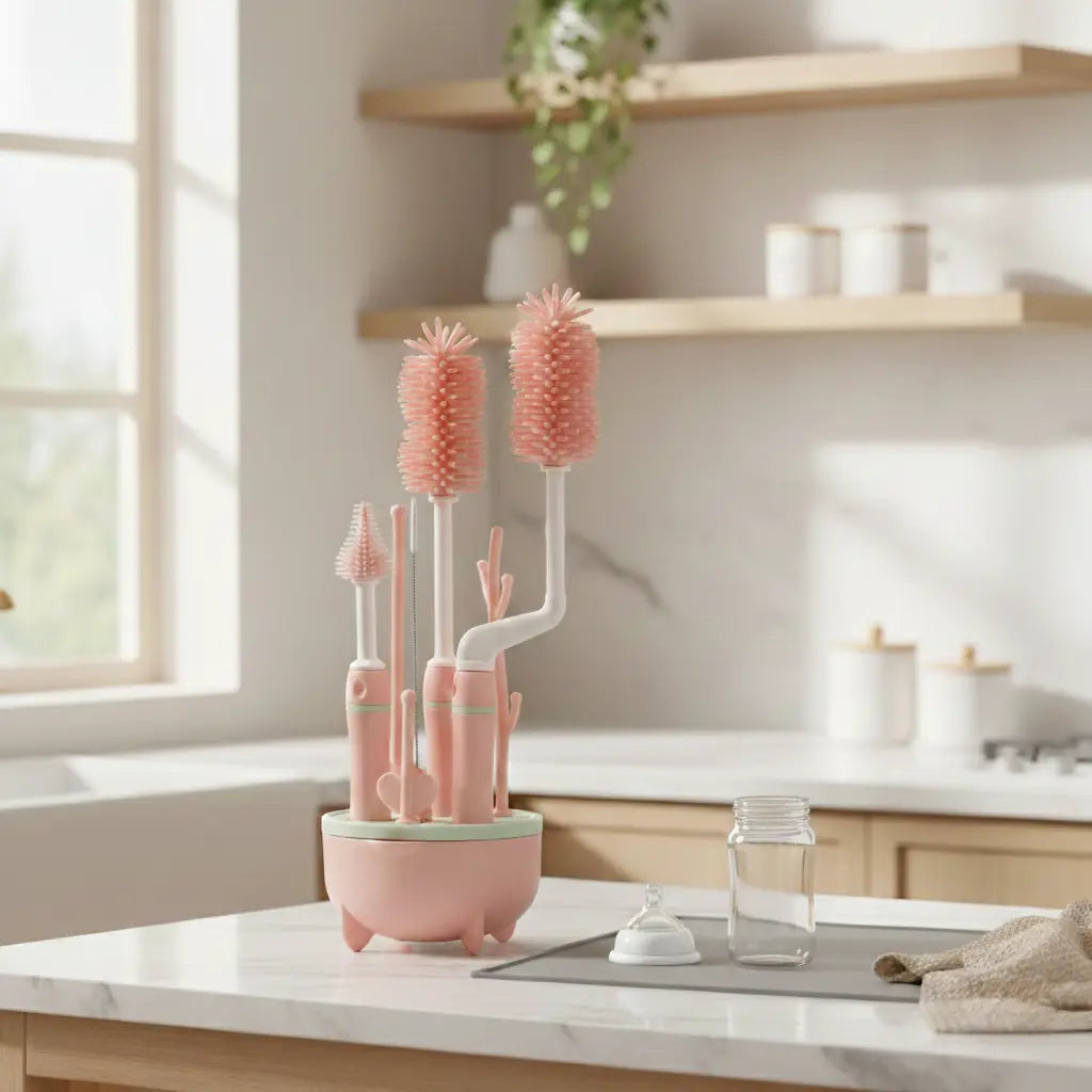 Kit complet de brosses silicone pour nettoyage biberon bébé avec support pratique sur plan de travail de cuisine