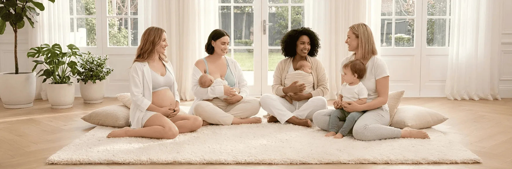 Groupe de quatre femmes enceintes et jeunes mamans avec leurs bébés portant de la lingerie de maternité confortable dans un salon lumineux.