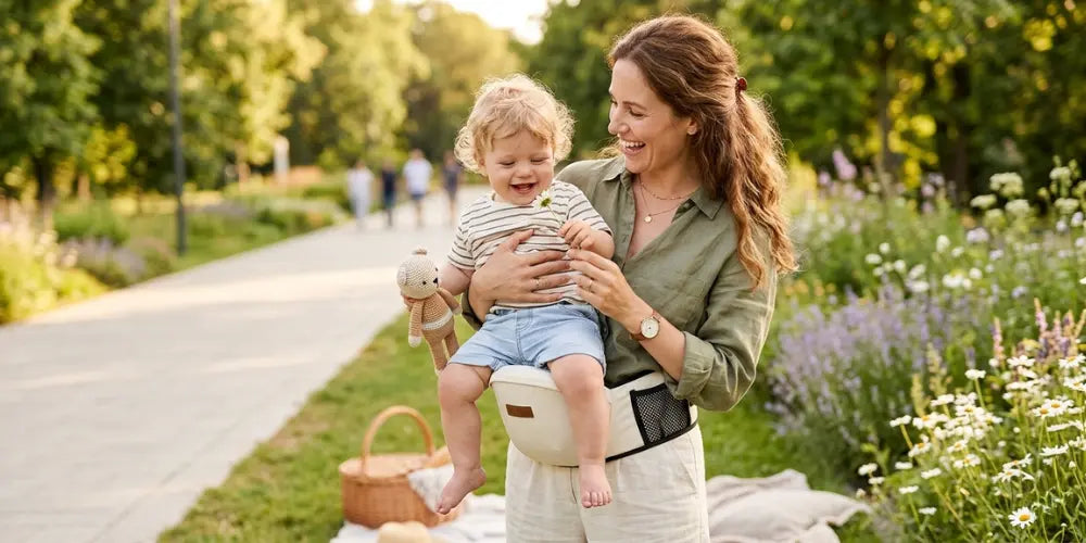 Maman portant bébé avec ceinture de portage ergonomique lors d’une balade au parc pour confort et proximité maximale
