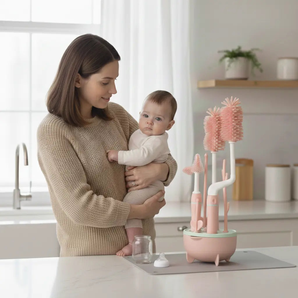 Maman avec bébé utilisant un kit de brosses silicone pour nettoyer biberon et accessoires bébé en cuisine