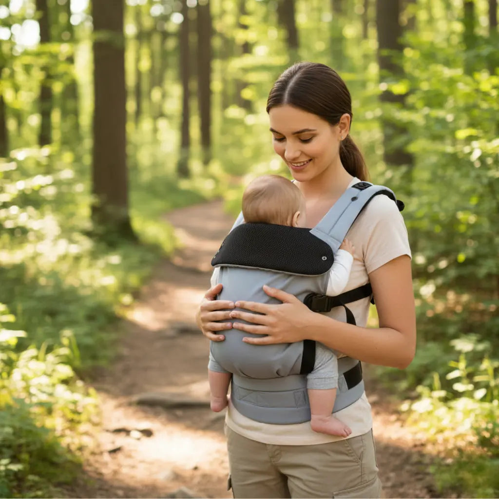 Une maman souriante marche sur un sentier en forêt tout en portant son bébé dans un porte-bébé ergonomique gris et noir, montrant le produit utilisé lors d'une activité de plein air.