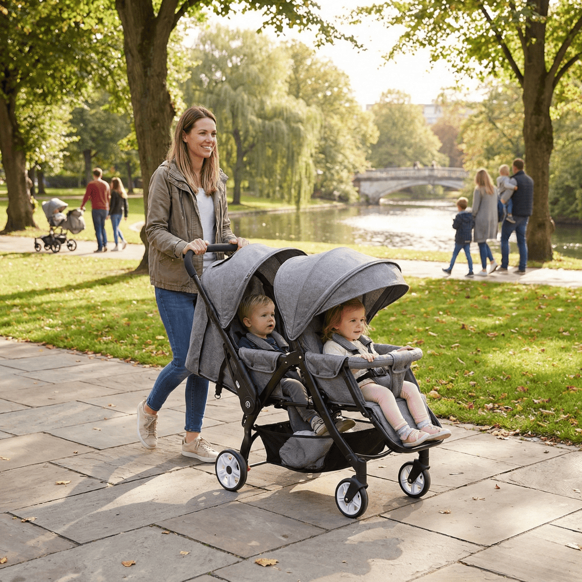 Jeune maman souriante promenant deux enfants dans une poussette double grise dans un parc ensoleillé, illustrant le confort et la maniabilité du produit.
