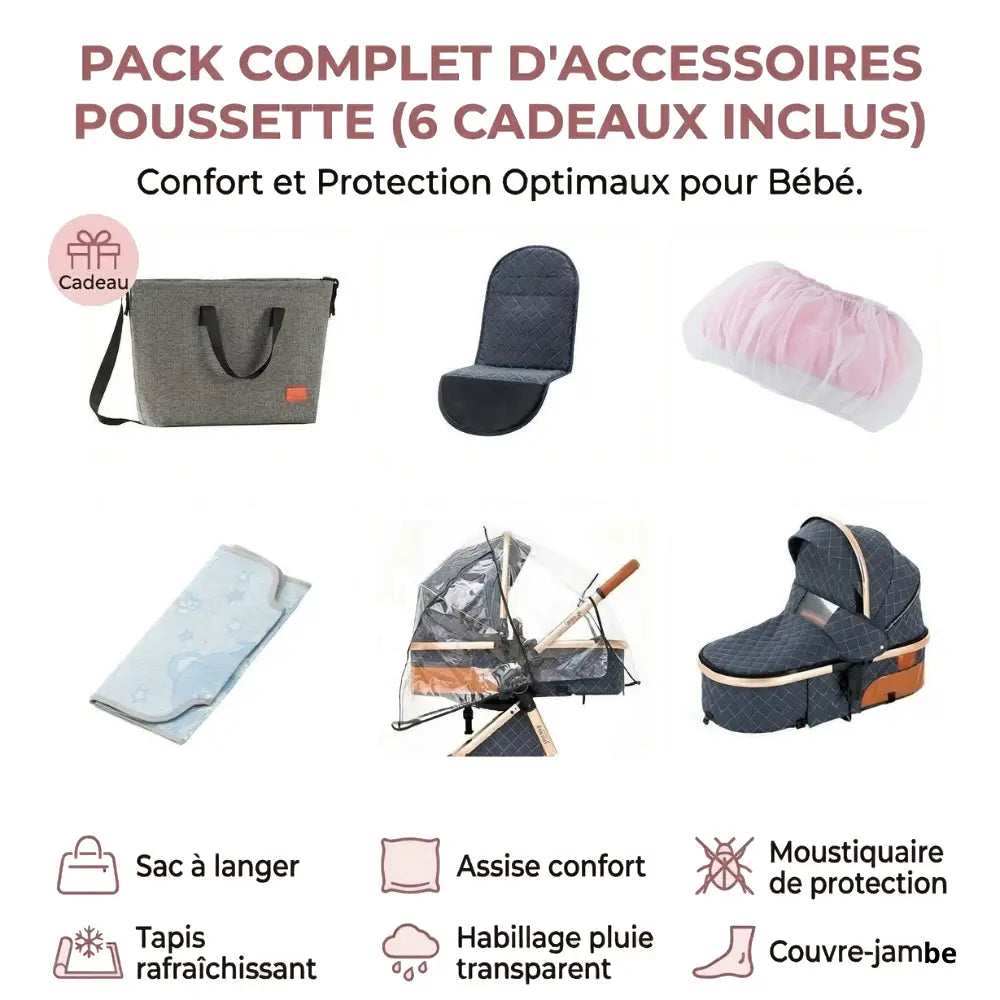 Pack complet d’accessoires poussette bébé avec sac à langer, moustiquaire, habillage pluie, tapis rafraîchissant et couvre-jambe pour confort et protection