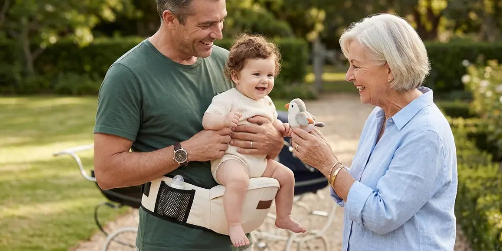 Papa utilisant ceinture de portage bébé pratique en famille pour maintien sécurisé et moments complices