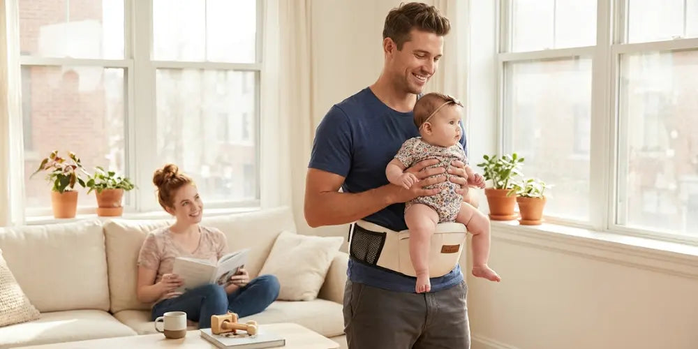 Papa portant bébé à la maison avec ceinture de portage hanche confortable pour soutien lombaire et liberté des mains