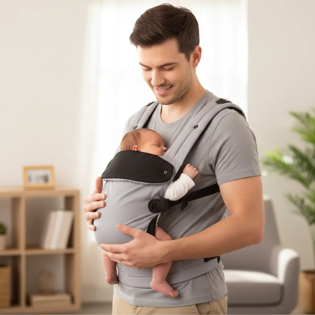 Papa comblé portant son nourrisson endormi dans un porte-bébé ajustable gris de haute qualité, garantissant une position sûre pour le bébé.