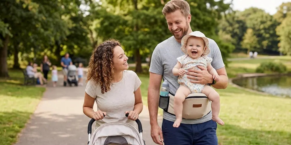 Parents en promenade avec bébé installé sur ceinture de portage ergonomique pour confort et praticité quotidienne