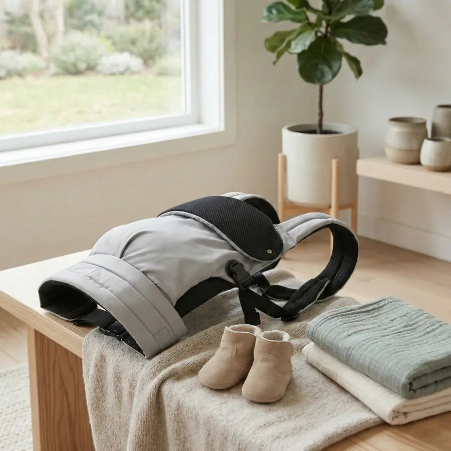 Porte-bébé ergonomique gris plié de façon compacte sur une table à côté de chaussons et vêtements, illustrant sa facilité de transport pour le voyage.
