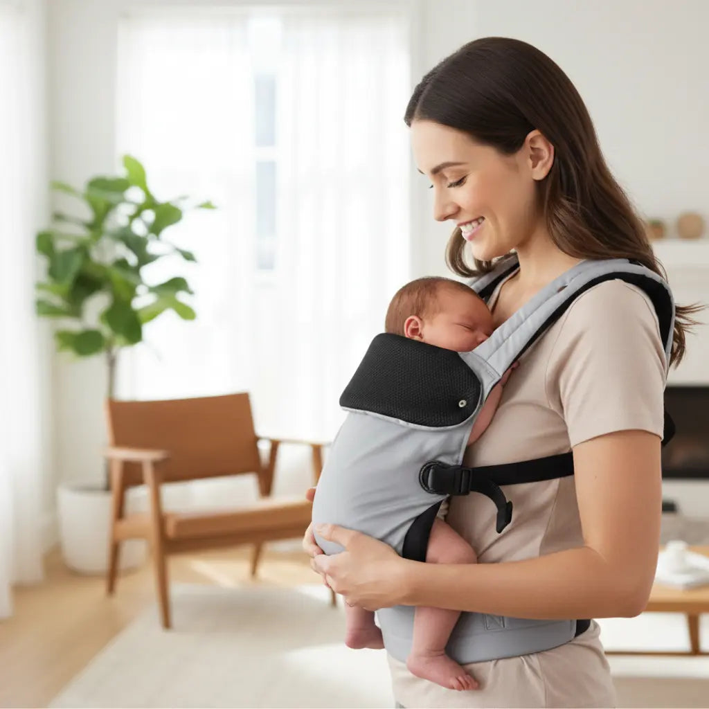 Maman souriante portant son nouveau-né endormi dans un porte-bébé ergonomique gris et noir, offrant un soutien confortable et sécurisé pour le parent et l'enfant.