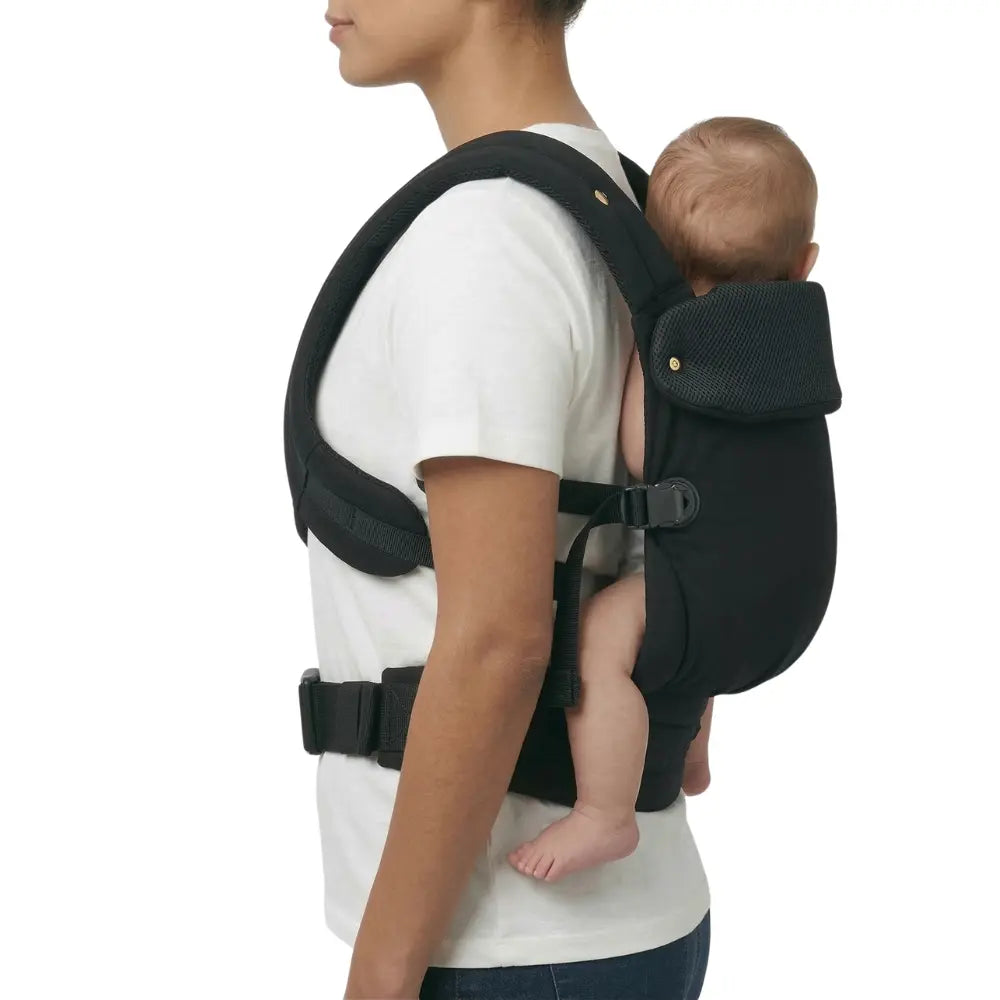 Porte bebe ergonomique noir en position dos avec maintien physiologique bretelles rembourrees confort optimal pour longues sorties