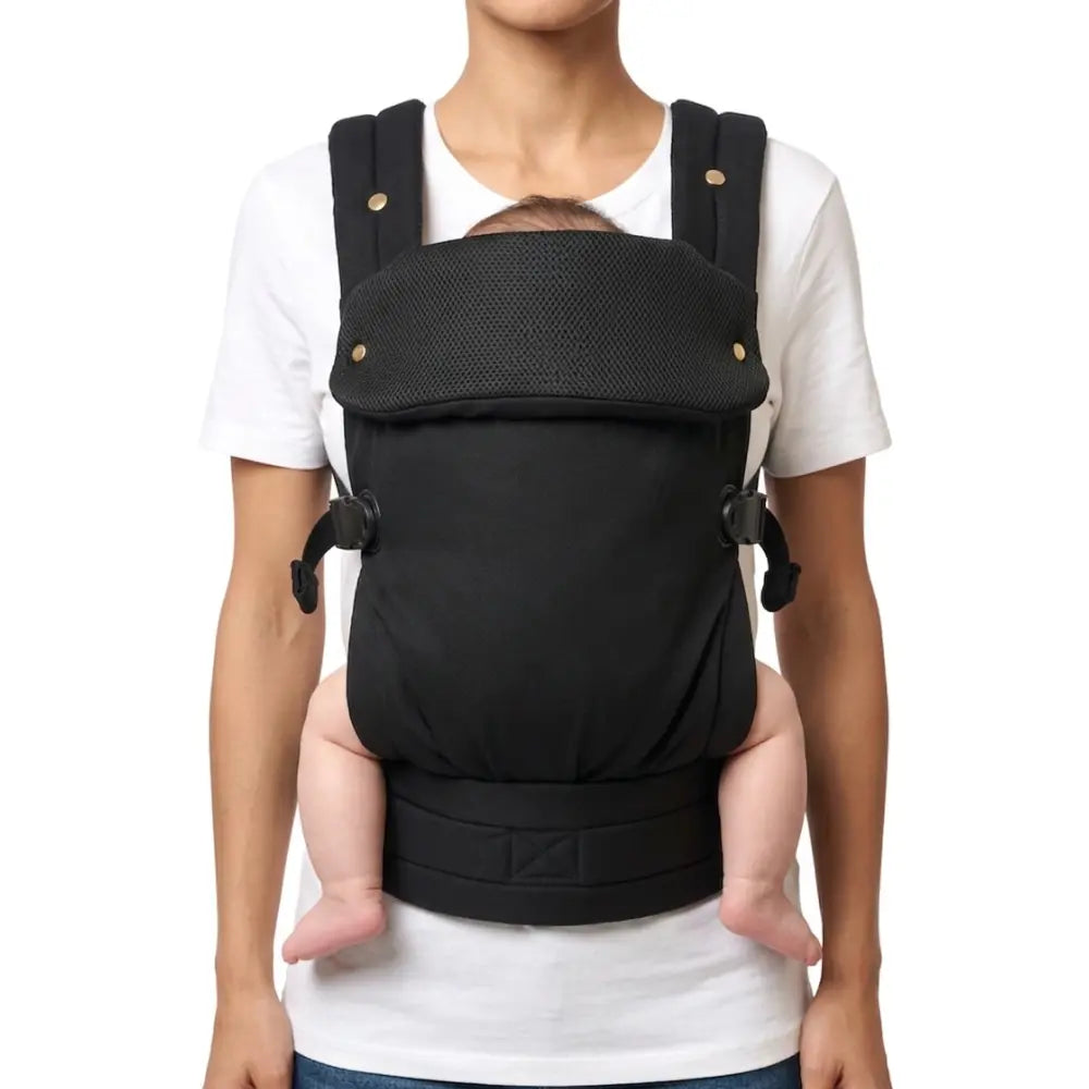 Porte bebe ergonomique noir position ventrale maintien physiologique assise en m confort proche du parent et securite maximale