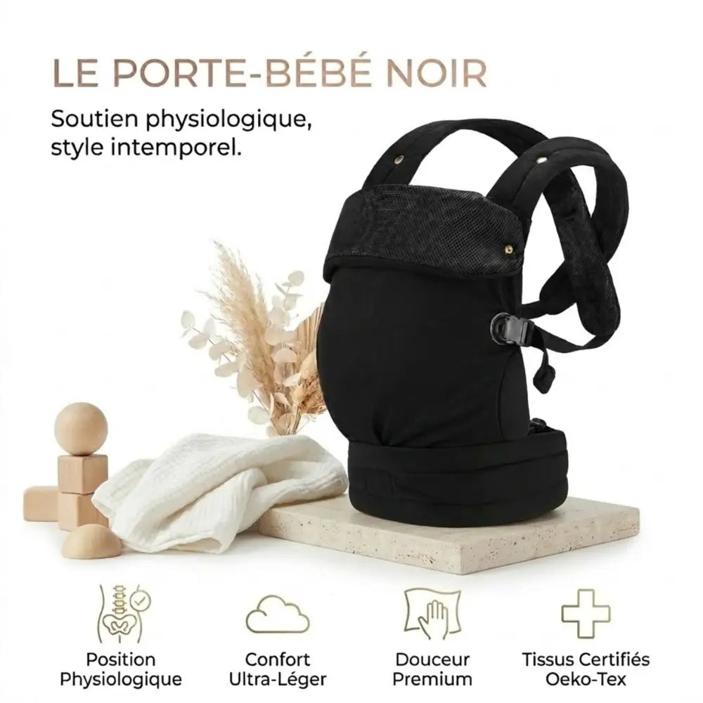 Porte bébé noir ergonomique avec position physiologique tissu doux certifié Oeko Tex pour un portage confortable et sécurisé