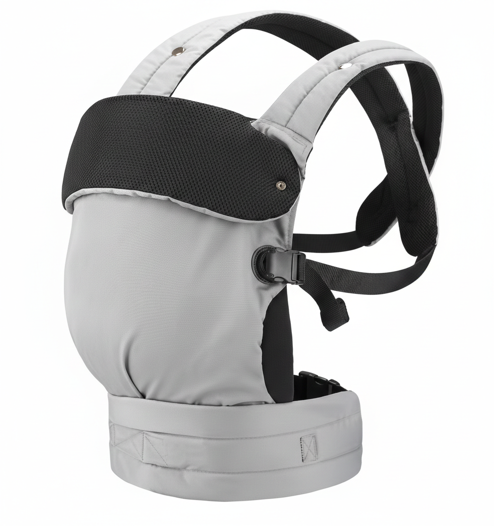 Porte-bébé physiologique gris et noir, confortable et ergonomique, avec sangles rembourrées réglables et support de tête pour des promenades en toute sécurité.