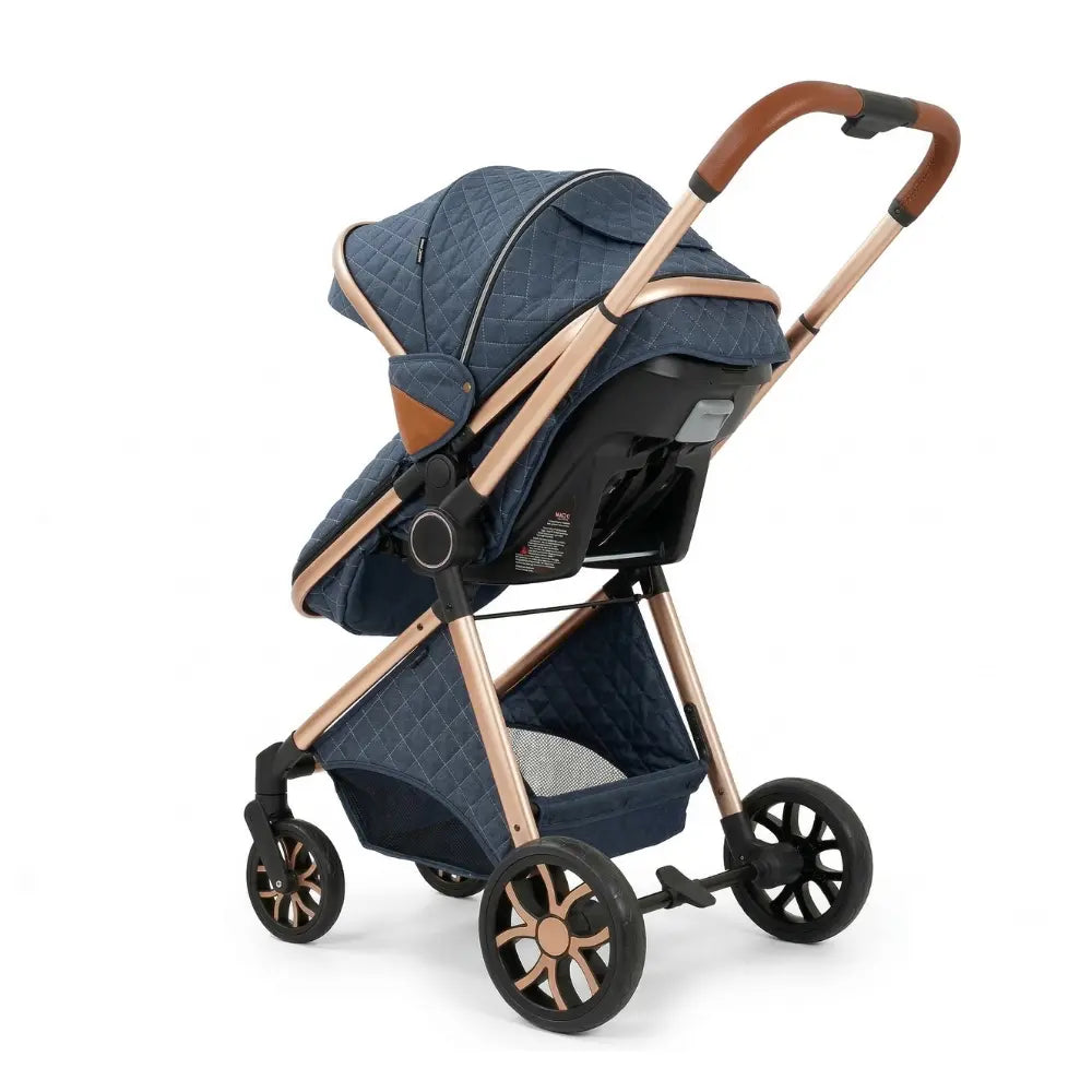 Poussette bébé 3 en 1 avec siège auto sécurisé et châssis doré pliable, solution complète de transport pour nourrisson
