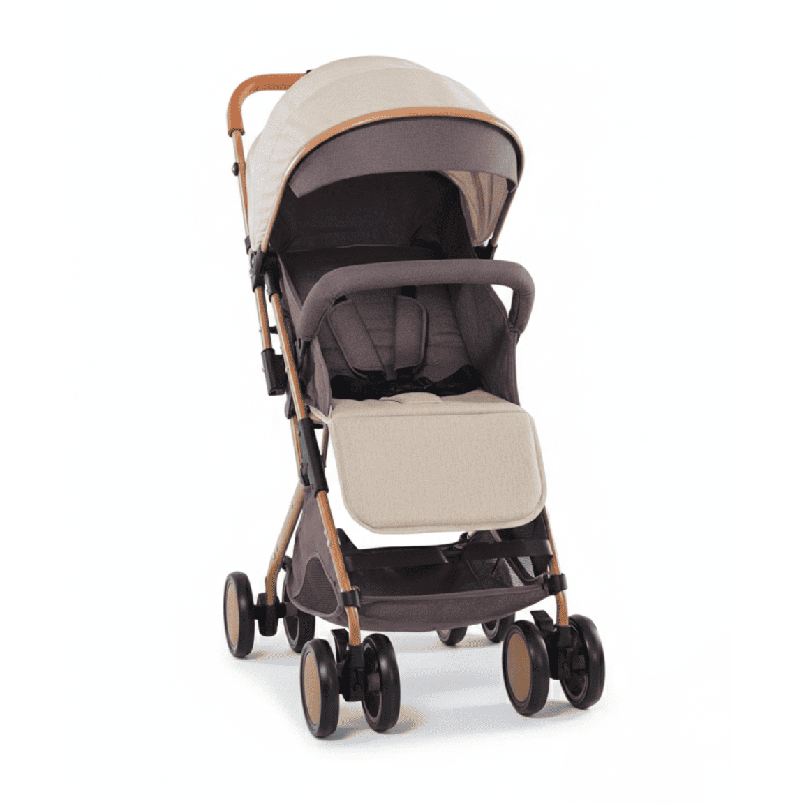 Poussette bébé compacte et légère, coloris gris et crème, avec capote pare-soleil réglable, repose-pieds et panier de rangement. Idéale pour les promenades urbaines et les voyages.