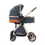 Poussette bébé haut de gamme avec nacelle confortable, châssis doré robuste et design élégant pour nouveau-né