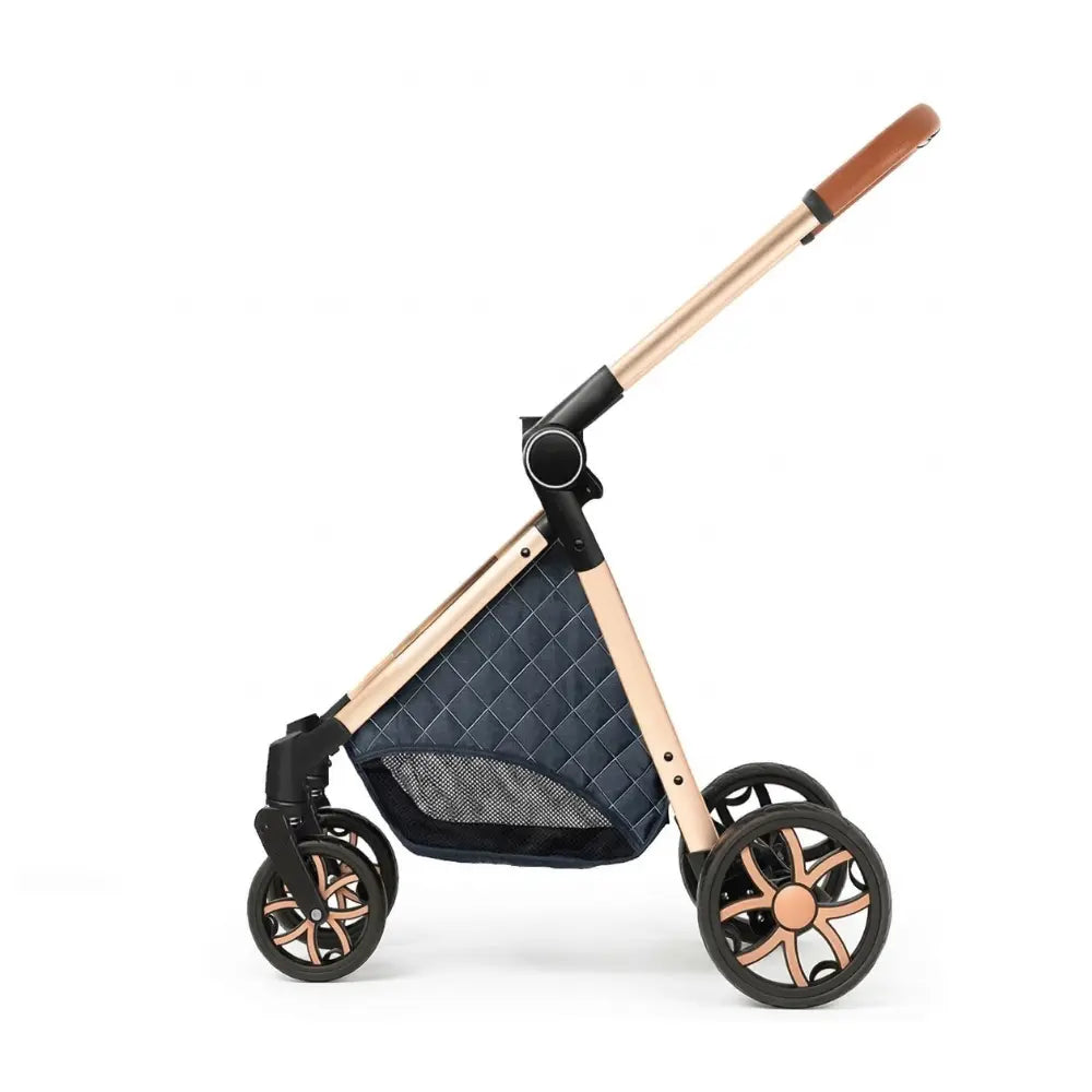 Poussette bébé luxe pliable avec châssis doré et panier de rangement spacieux, design premium élégant et maniable