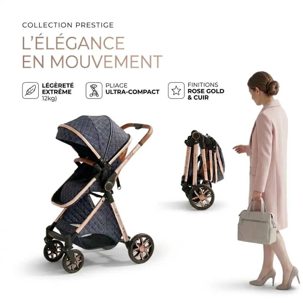Poussette bébé légère pliage ultra compact avec finitions rose gold et cuir, design élégant et pratique pour déplacements urbains