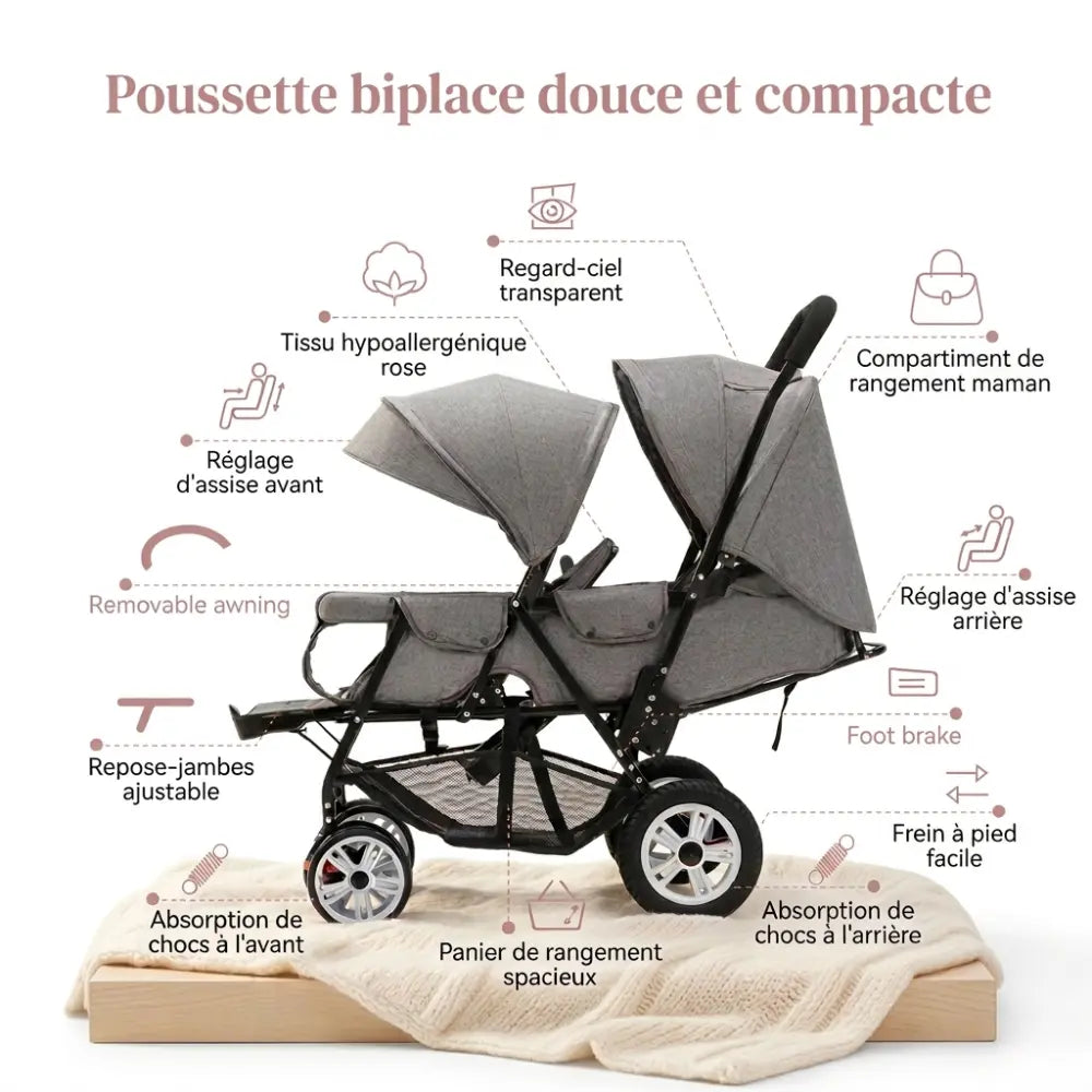 Poussette biplace compacte pour jumeaux avec sièges réglables repose jambes ajustable suspension avant et arrière et grand panier de rangement