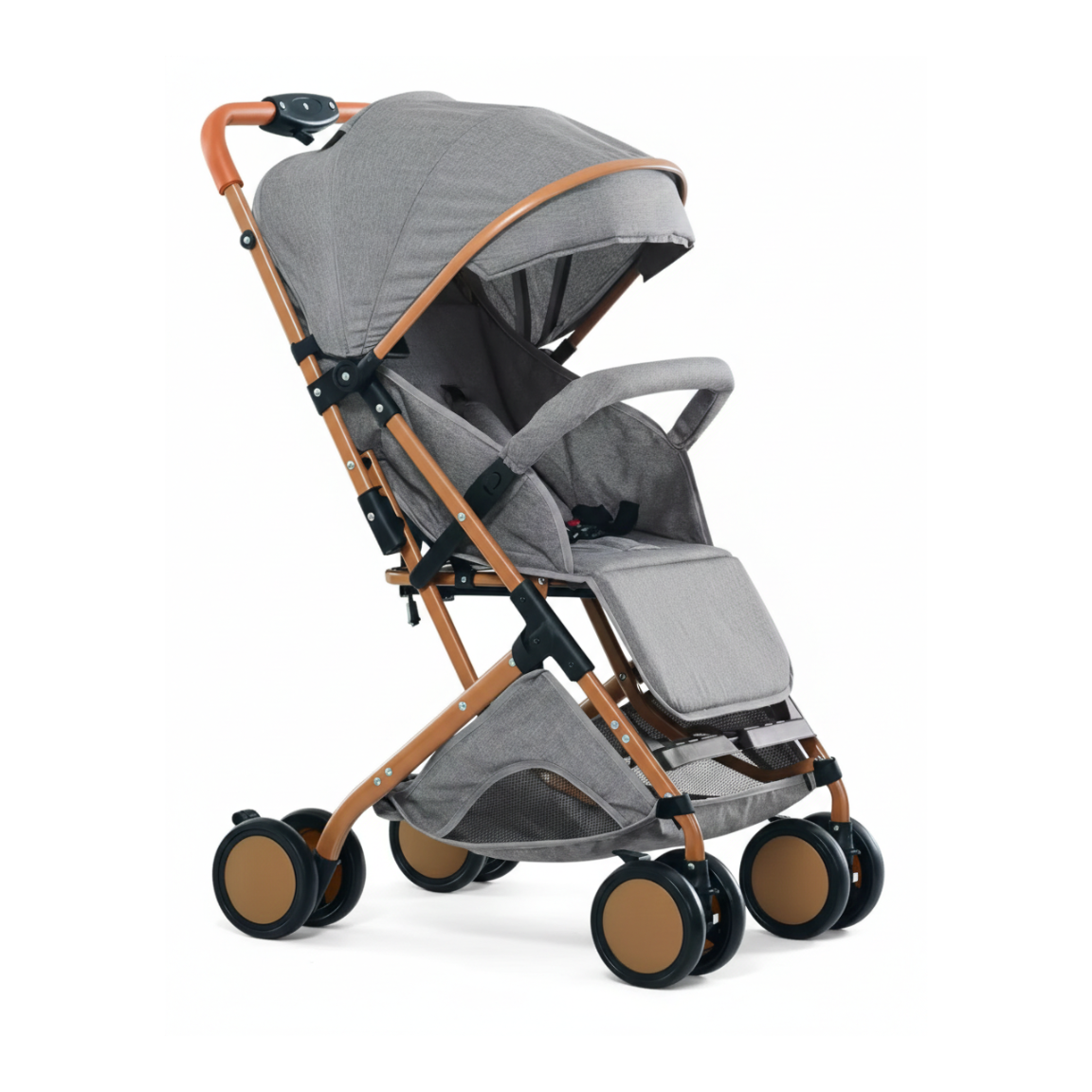 Poussette canne légère et pliable gris anthracite avec châssis robuste et roues pivotantes, idéale pour voyager avec votre enfant en toute simplicité.