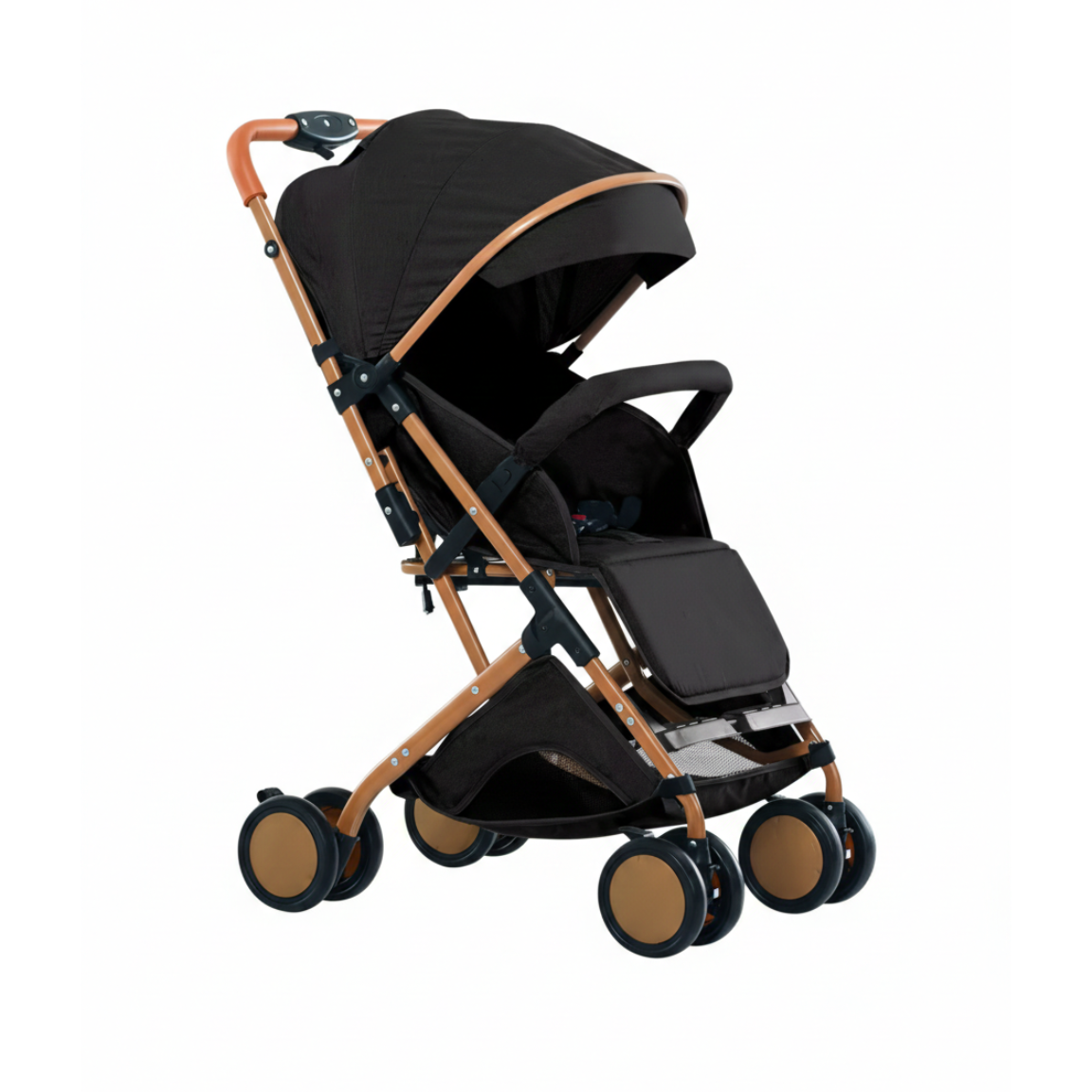 Poussette canne légère au design moderne noir et or avec pare-soleil ajustable et panier de rangement pour les sorties quotidiennes.