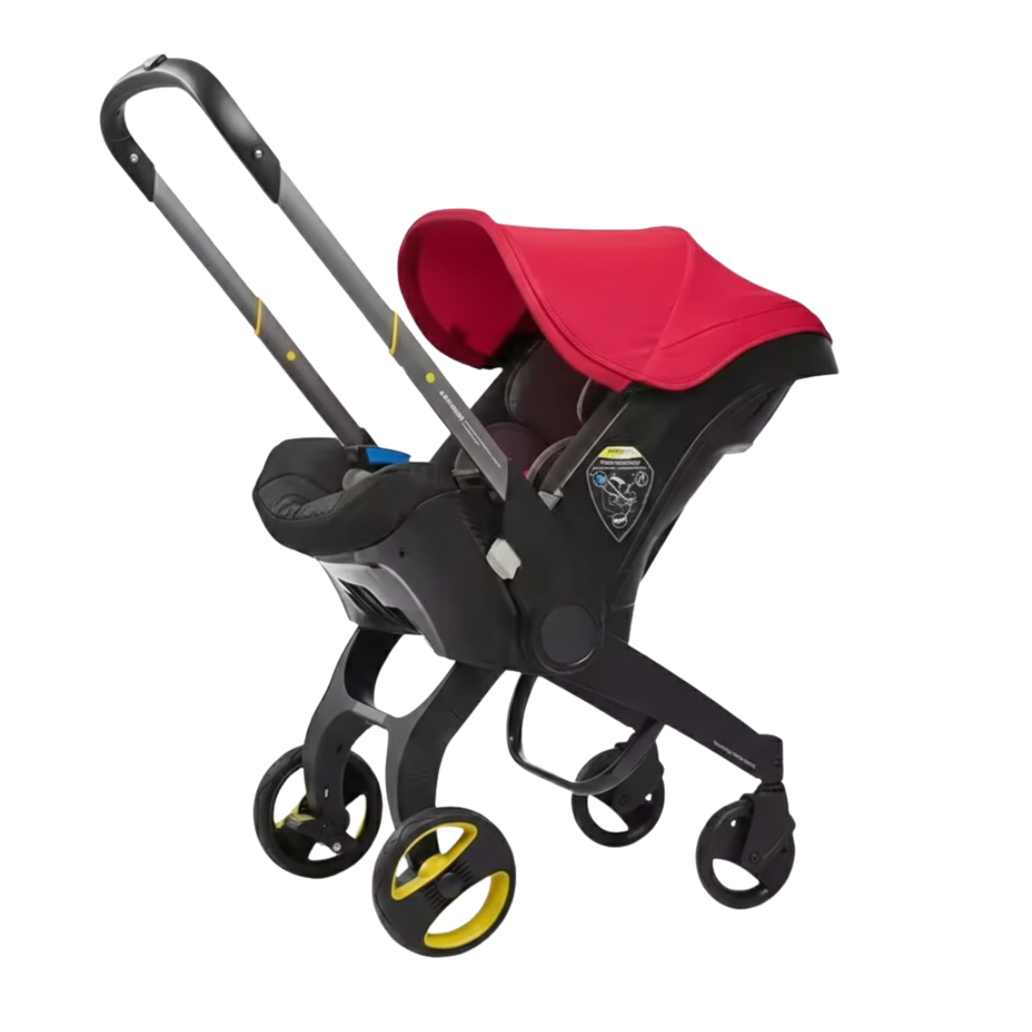Poussette urbaine dynamique dotée d'un cosy rouge vif et d'un canopy protecteur. Équipée de roues jaunes emblématiques et d'un châssis noir robuste pour des balades en ville en toute sérénité.