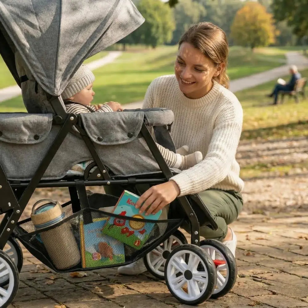 Maman avec poussette double bébé utilisant le grand panier de rangement pour accessoires lors d’une promenade au parc