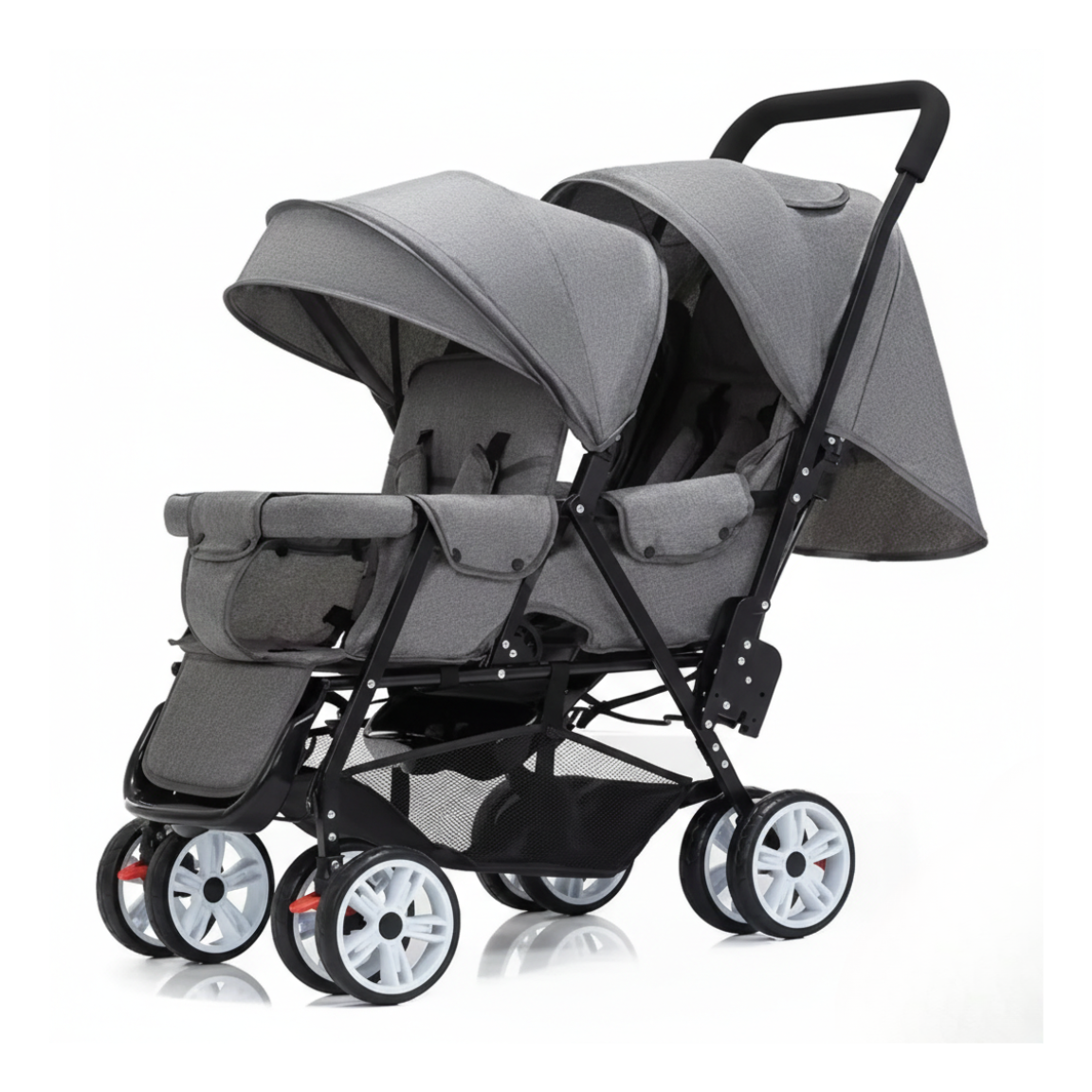Poussette double côte à côte gris clair avec roues blanches, pliage compact et sièges inclinables. Parfaite pour jumeaux ou enfants d'âges rapprochés, maniable et confortable.