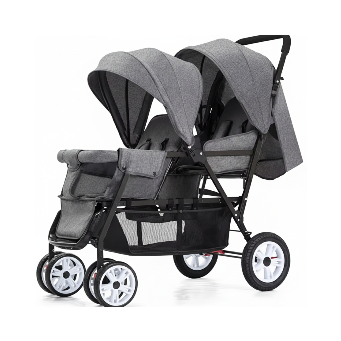 Poussette double pour jumeaux avec sièges rembourrés inclinables et capotes larges pour protection soleil et confort bébé