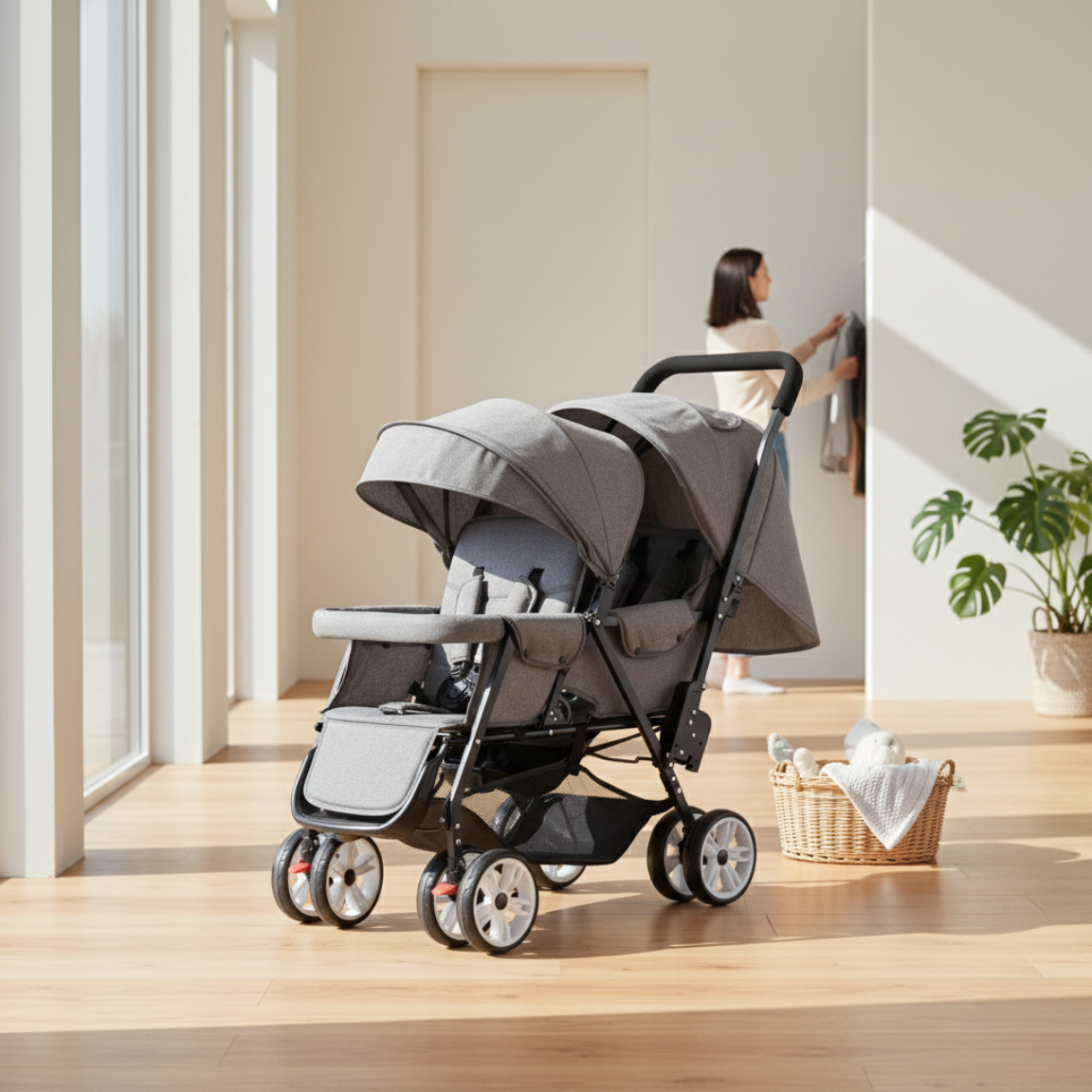 Poussette double grise compacte exposée dans un intérieur moderne, démontrant son faible encombrement et son design esthétique pour la maison.