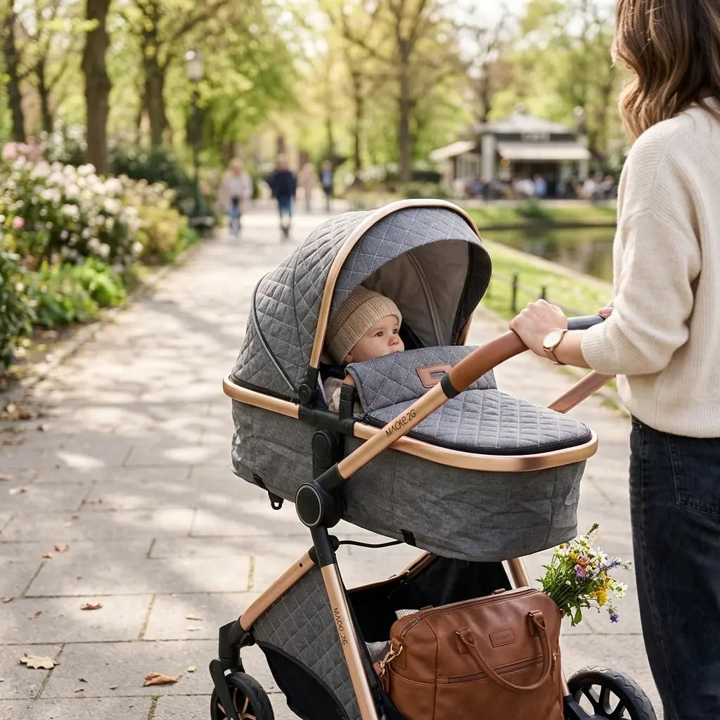 Une maman pousse sa poussette duo avec une nacelle grise élégante et un cadre doré lors d'une promenade ensoleillée dans un parc. Le bébé à l'intérieur porte un bonnet en tricot beige. Un sac à langer en cuir marron est attaché sous la poussette.