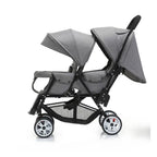 Poussette jumelle double pliable grise avec deux sièges indépendants et canopy réglable, idéale pour jumeaux ou enfants rapprochés